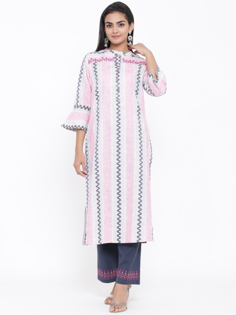 

PIROH Women Pink & Blue Printed Straight Kurta