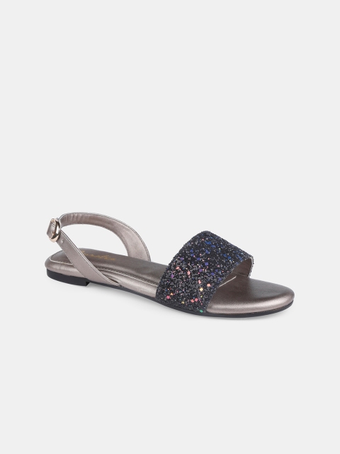 

AURELIA Women Black Embellished PU Open Toe Flats