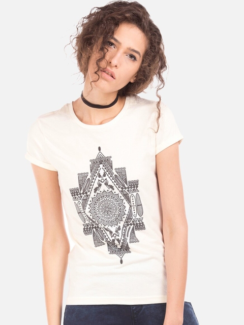 

Cherokee Women Cream-Coloured Printed Round Neck T-shirt