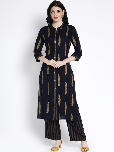 

ANAISA Women Navy Blue & Gold-Toned Printed Kurta with Palazzos