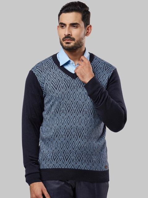 Raymond Men Blue Self Design Pullover Sweater