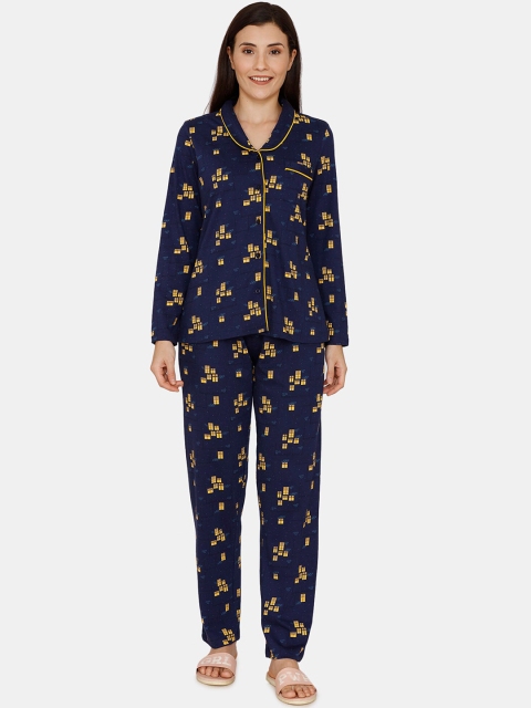 

Zivame Women Navy Blue & Navy Blue Printed Night suit