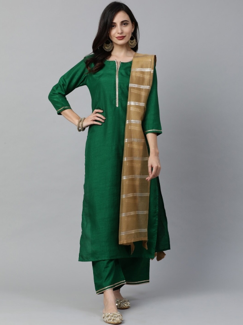 

Indo Era Women Green Solid Kurta with Trousers & Dupatta