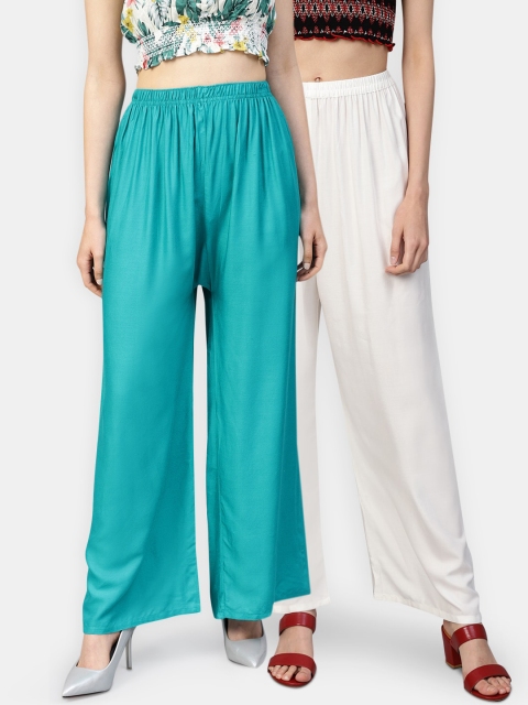 

Jompers Women Pack Of 2 White & Blue Solid Wide Leg Palazzos