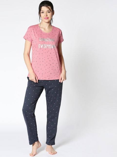 

I like me Women Pink & Grey Printed Night Suit
