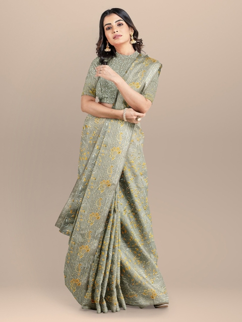

BharatSthali Beige & Green Pure Cotton Printed Sustainable Saree