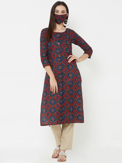 

FASHOR Women Maroon & Navy Blue Ikkat Printed A-Line Kurta with Belt