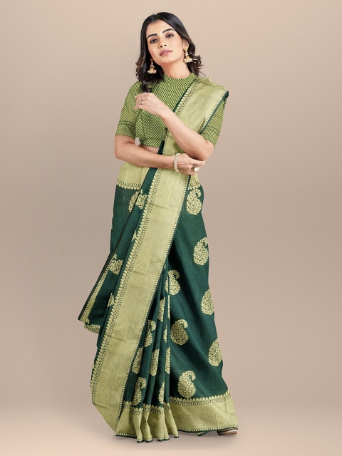

BharatSthali Green & Gold-Toned Woven Design Bhagalpuri Saree