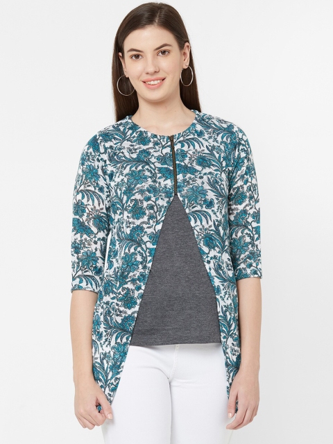 Juliet Women Teal Blue & White Floral Printed Open Front Shrug
