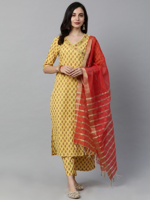 

Indo Era Women Yellow & Red Printed Kurta with Palazzos & Dupatta