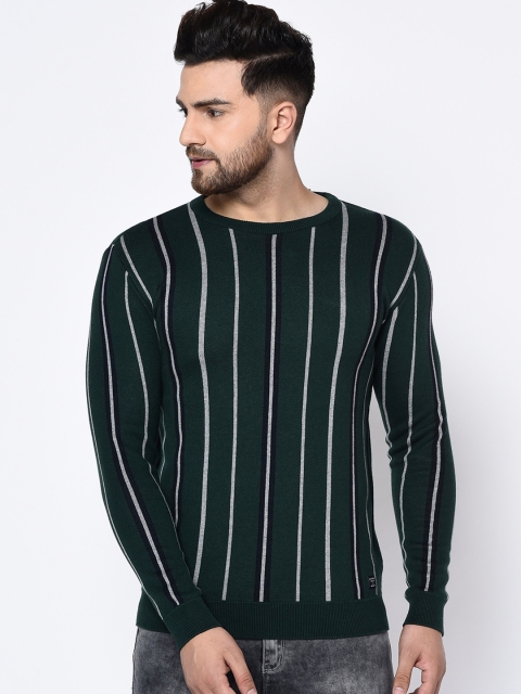

METTLE Men Green & Grey Striped Pullover Sweater