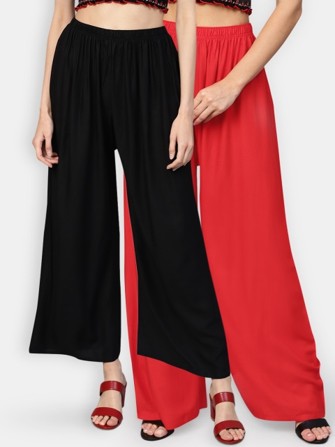 

Jompers Women Pack Of 2 Black & Red Solid Wide Leg Palazzos
