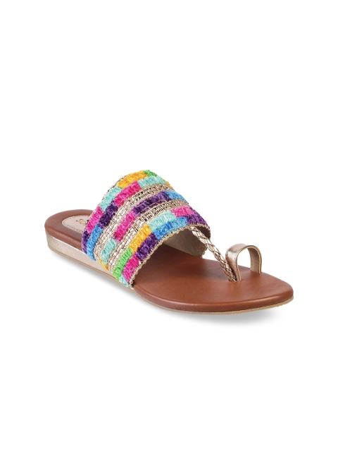 

SOLE HEAD Women Multicoloured Woven Design T-Strap Flats, Multi