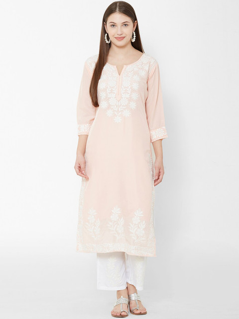 

Os Women Pink & White Embroidered Kurta with Trousers & Dupatta