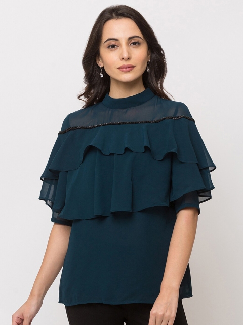

SHECZZAR Women Teal Green Ruffled Top