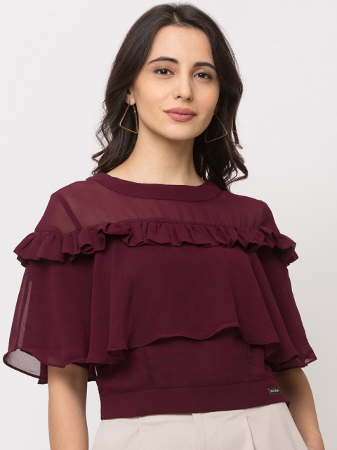 

SHECZZAR Women Burgundy Solid Fitted Crop Top
