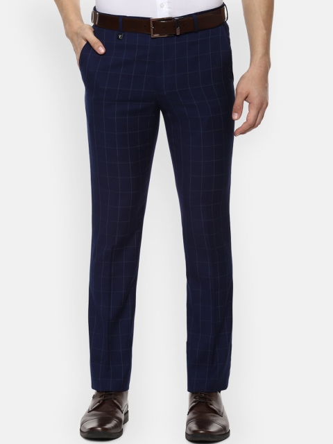 

V Dot Men Navy Blue Skinny Fit Checked Formal Trousers