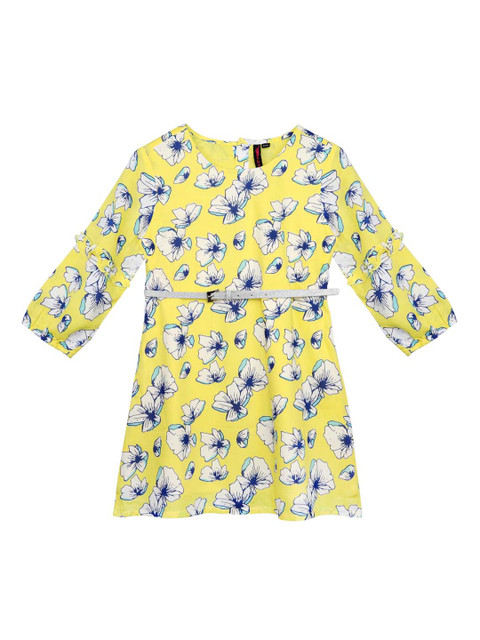 

Ishin DESIGNER STUDIO Girls Yellow & Off-White Floral Printed Fit and Flare Dress