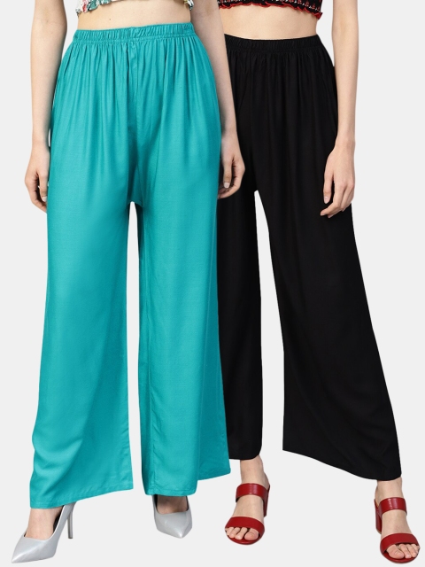 

Jompers Women Pack Of 2 Black & Teal Solid Wide Leg Palazzos
