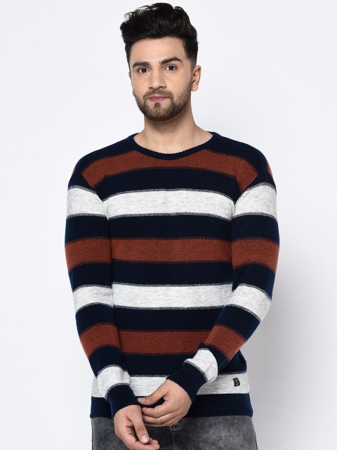 

METTLE Men Black & Brown Striped Pullover Sweater