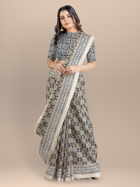

BharatSthali Blue & Beige Pure Cotton Ajrak Printed Handloom Sustainable Saree