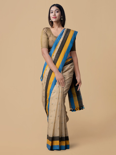 

Unnati Silks Beige & Blue Pure Linen Woven Design Handloom Saree