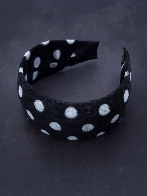 

Golden Peacock Women Black & White Polka Dots Printed Velvet Hairband