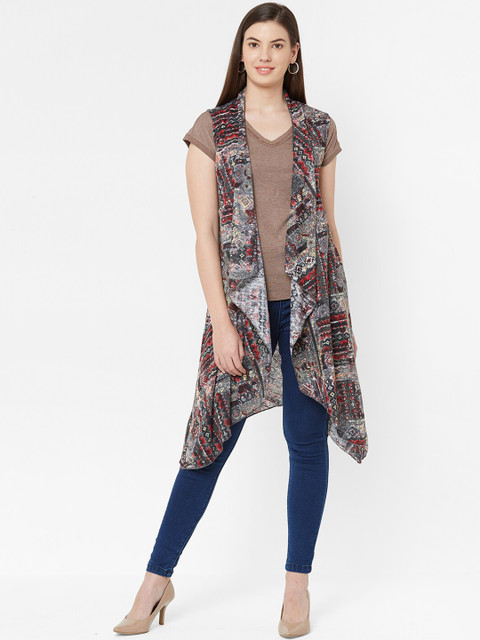 

Juliet Women Grey & Red Printed Open-Front Longline Shrug