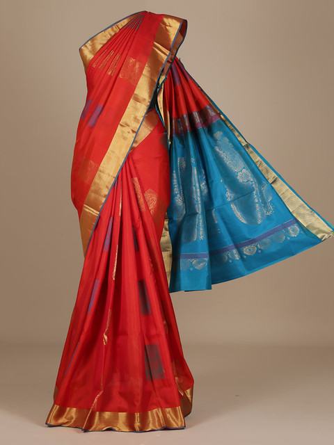 

Pothys Orange & Blue Pure Silk Woven Design Saree
