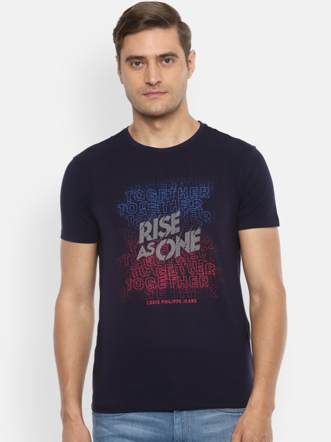 

Louis Philippe Jeans Men Navy Blue Printed Round Neck Pure Cotton T-shirt