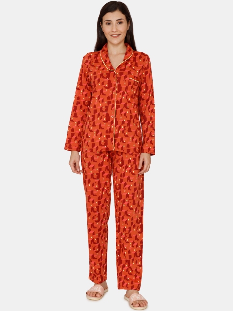 

Zivame Women Orange & Yellow Printed Antiviral Finish Night Suit