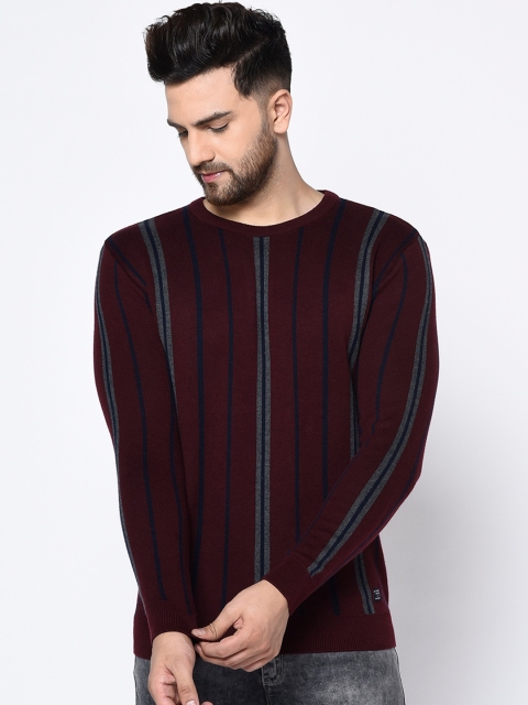 

METTLE Men Maroon & Grey Striped Pullover Sweater