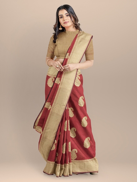 

BharatSthali Red & Gold-Coloured Silk Cotton Woven Design Bhagalpuri Saree