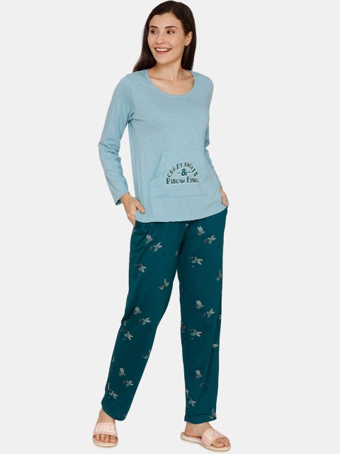 

Zivame Women Blue & Teal Green Printed Night suit