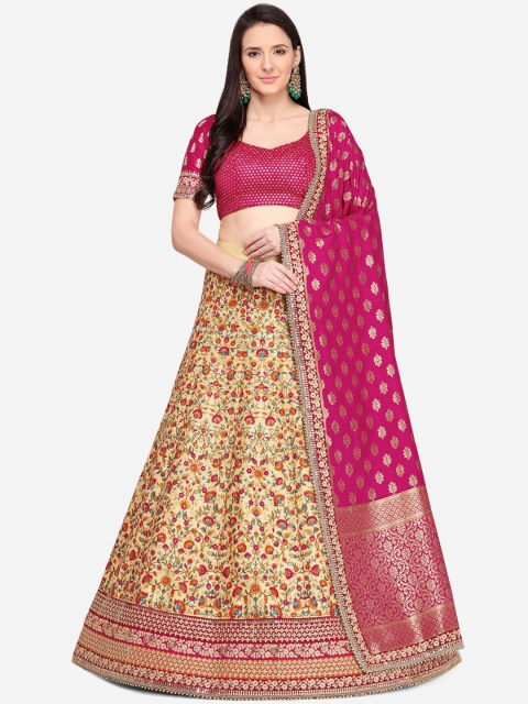 

NAKKASHI Yellow & Magenta Embroidered Semi-Stitched Lehenga & Unstitched Blouse with Dupatta