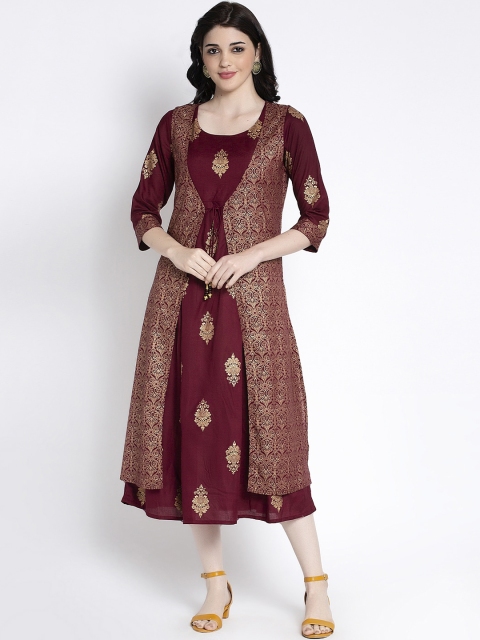 

ANAISA Women Burgundy Printed A-Line Dress