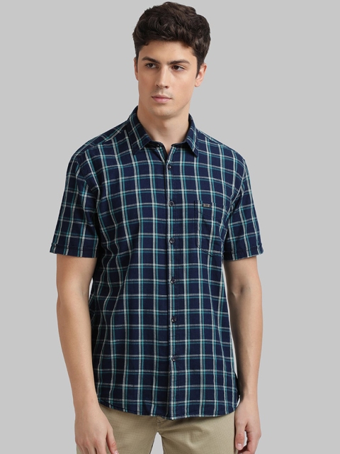 Parx Men Navy Blue Slim Fit Checked Casual Shirt