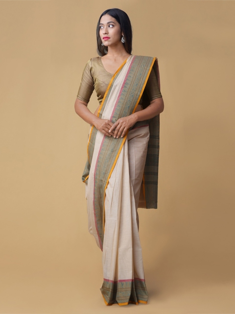 

Unnati Silks Cream-Coloured Solid Pure Uppada Cotton Saree