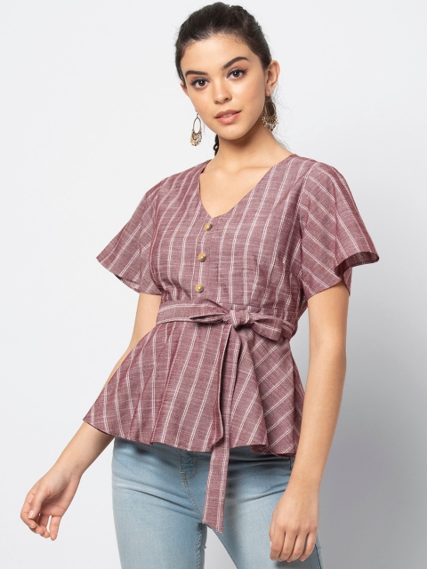 

FabAlley Women Brown & Off-White Striped Cinched Waist Pure Cotton Top