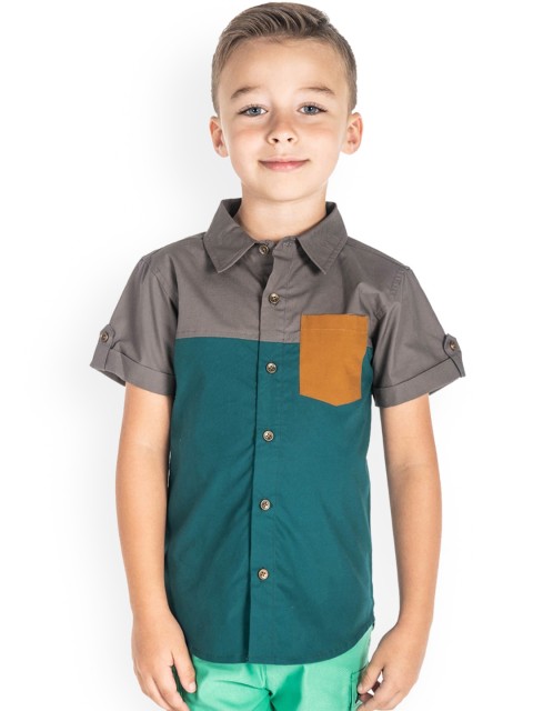 

Cherry Crumble Boys Green & Grey Colourblocked Premium Cotton Casual Shirt