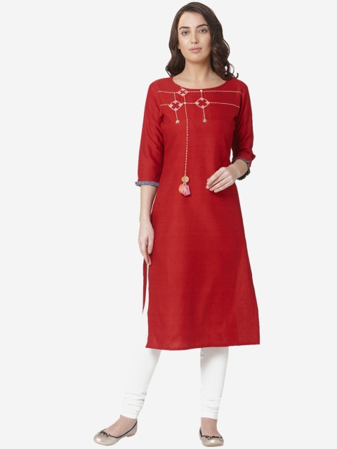 

Os Women Red Embroidered Straight Kurta