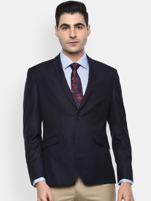 

V Dot Men Navy Blue Self-Design Slim Fit Single-Breasted Formal Blazer