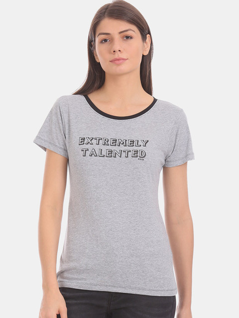

Sugr Women Grey Printed Round Neck T-shirt