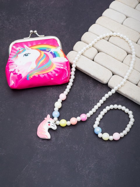 

Golden Peacock Girls White & Pink Unicorn Beaded Necklace & Bracelet with Handy Mini Clutch