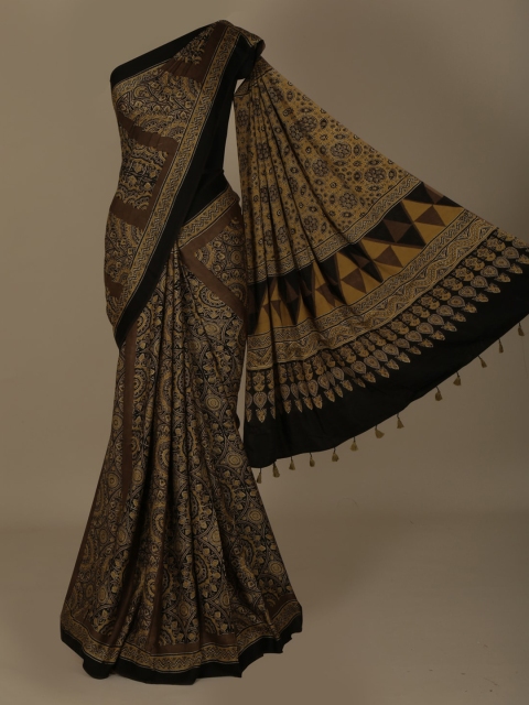 

Pothys Mustard Yellow & Black Pure Crepe Printed Saree