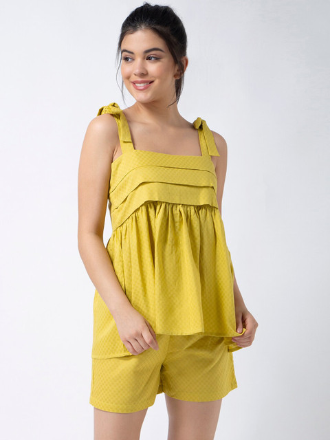 

ADORENITE Women Yellow Self-Design Night Suit