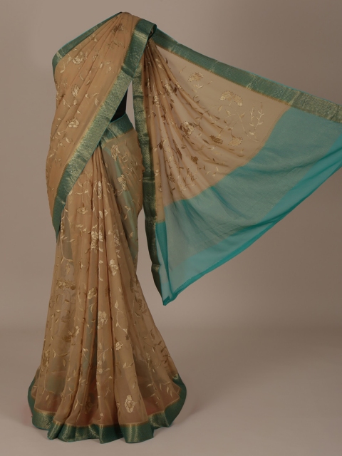 

Pothys Cream-Coloured & Green Pure Crepe Embroidered Saree