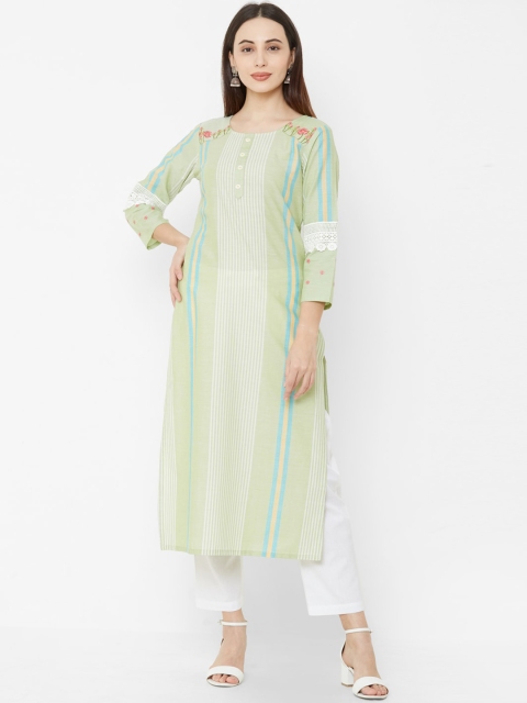 

Os Women Green Striped Straight Kurta
