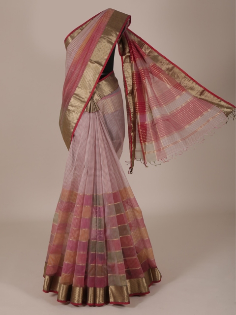 

Pothys Pink & Gold-Toned Silk Cotton Checked Saree