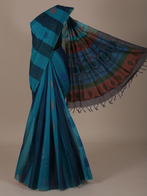 

Pothys Blue & Brown Silk Cotton Striped Saree
